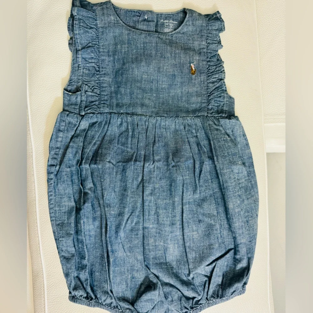 Ralph Lauren Girls' Chambray Ruffle Bubble Romper - Baby 24 months EUC $50